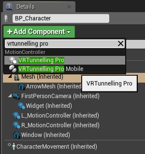Adding VRTunnellingPro component