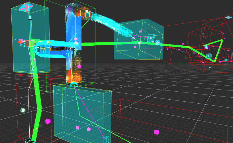 Optimisation visualisation. Turquoise boxes show rooms which can be seen from the current room, but the player isn't looking that way. Red boxes are rooms that can't ever be seen from the current room.